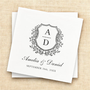 Elegant Monogram Black White Crest Wedding Napkins