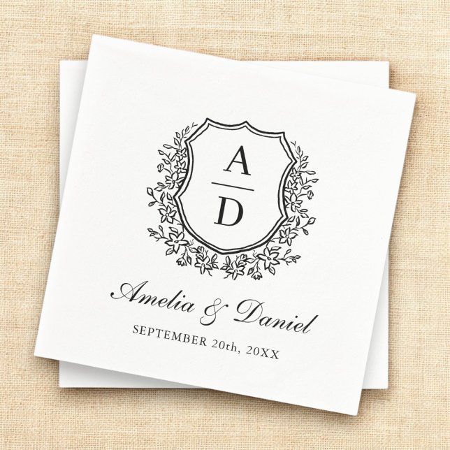Elegant Monogram Black White Crest Wedding  Napkins (Creator Uploaded)