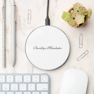 Elegant monogram black white custom script name wireless charger 