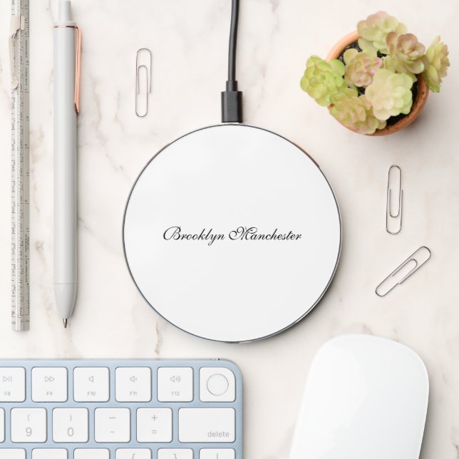 Elegant monogram black white custom script name wireless charger  (Desk)