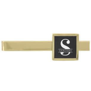 Elegant Monogram   Black White Gold Finish Tie Bar