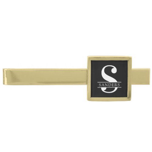 Elegant Monogram  Black White Gold Finish Tie Bar