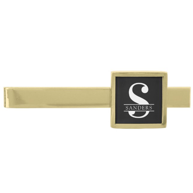 Elegant Monogram | Black White Gold Finish Tie Bar (Front)