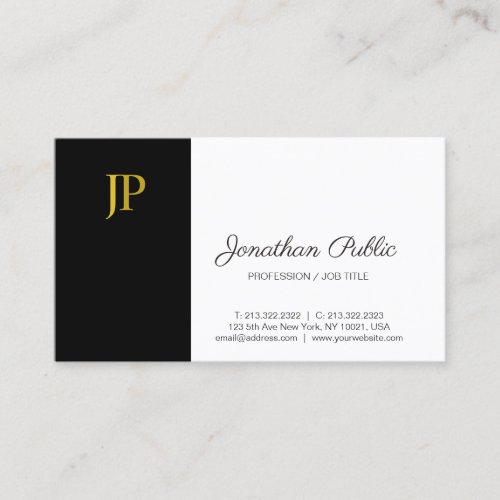 Elegant Monogram Black White Gold Modern Plain Business Card