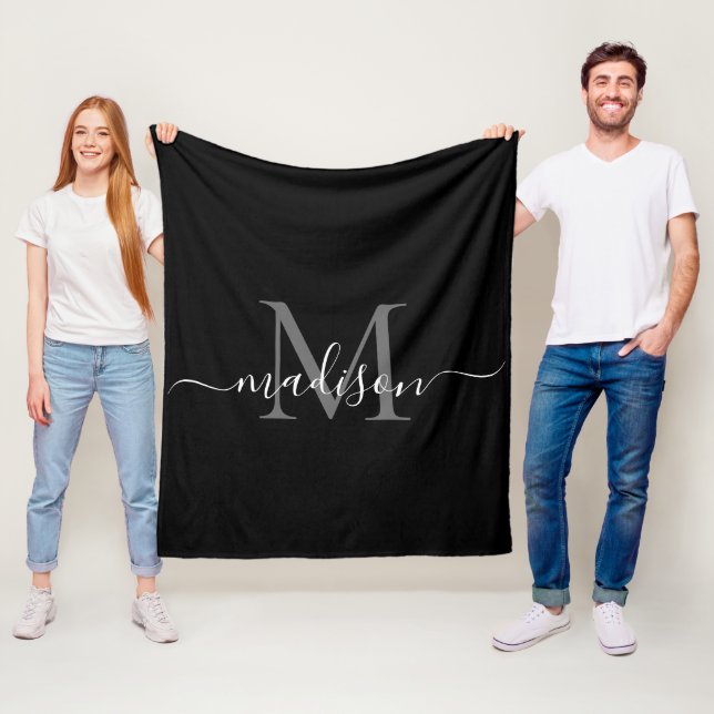 Elegant Monogram Black White Modern Script Name Fleece Blanket (In Situ)