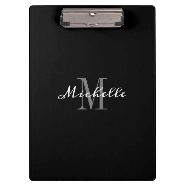 Elegant Monogram Black White Personalized Clipboard (Front)