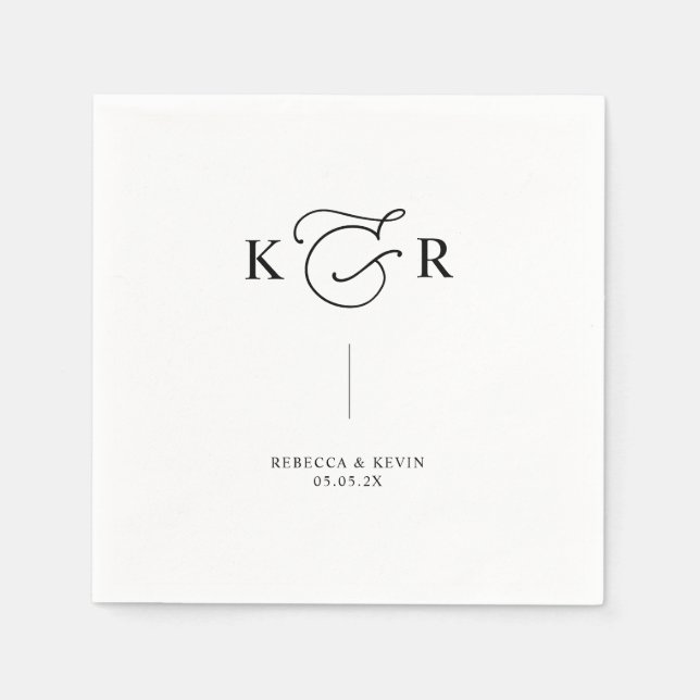 Elegant Monogram Black White Personalized Wedding Napkins (Front)