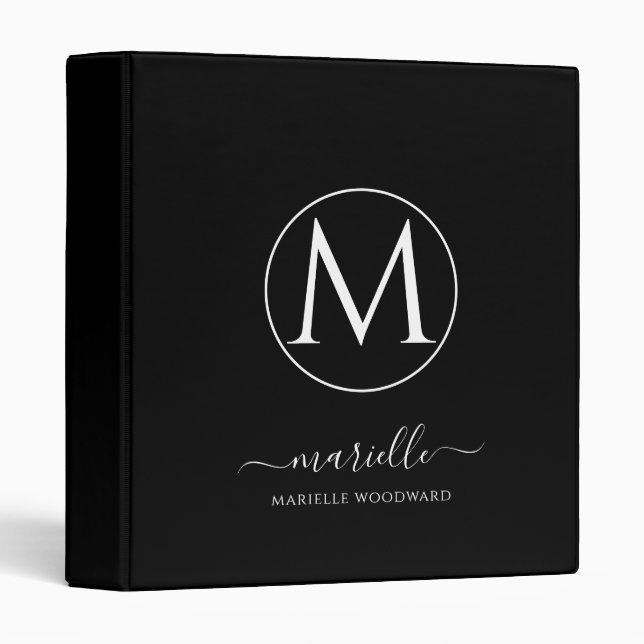 Elegant Monogram Black White Script Name  3 Ring Binder (Front/Spine)