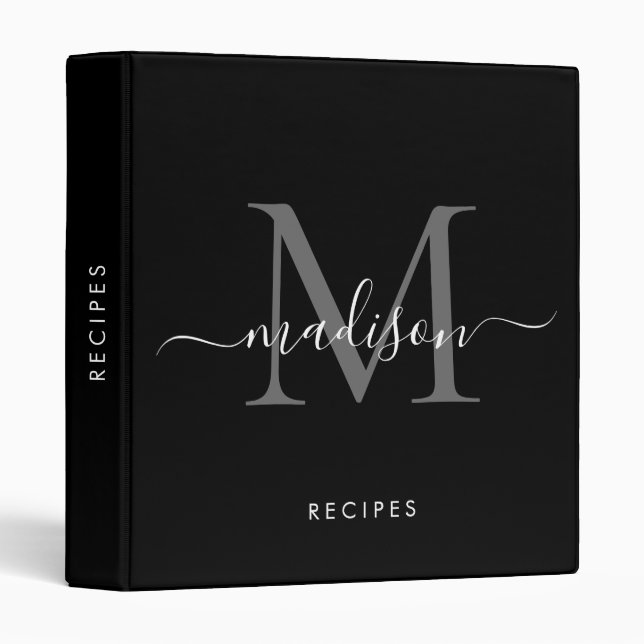 Elegant Monogram Black White Script Name Recipe 3 Ring Binder (Front/Spine)