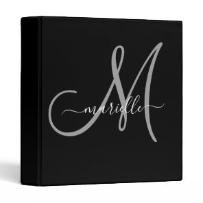 Elegant Monogram Black White Script Office School 3 Ring Binder