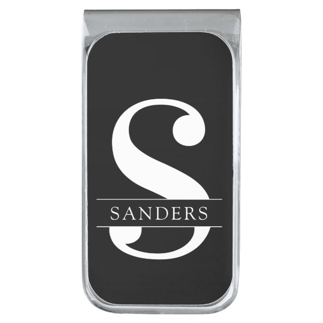 Elegant Monogram | Black White Silver Finish Money Clip (Front Vertical)