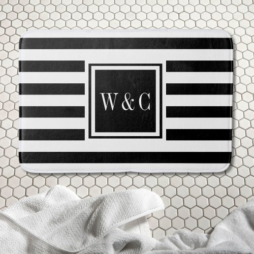 Elegant Monogram Black White Stripe Bath Mat