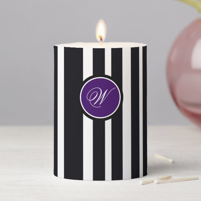 Elegant Monogram Black White Striped Art Form  Pillar Candle (In Situ)