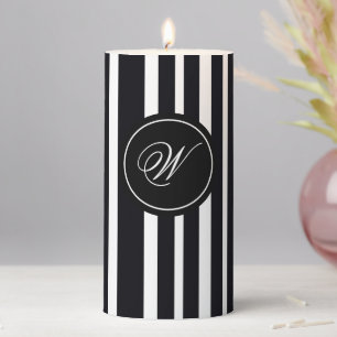 Elegant Monogram Black & White Striped Art Form Pillar Candle