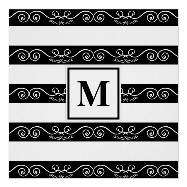 Elegant monogram Black White striped design Poster (Front)