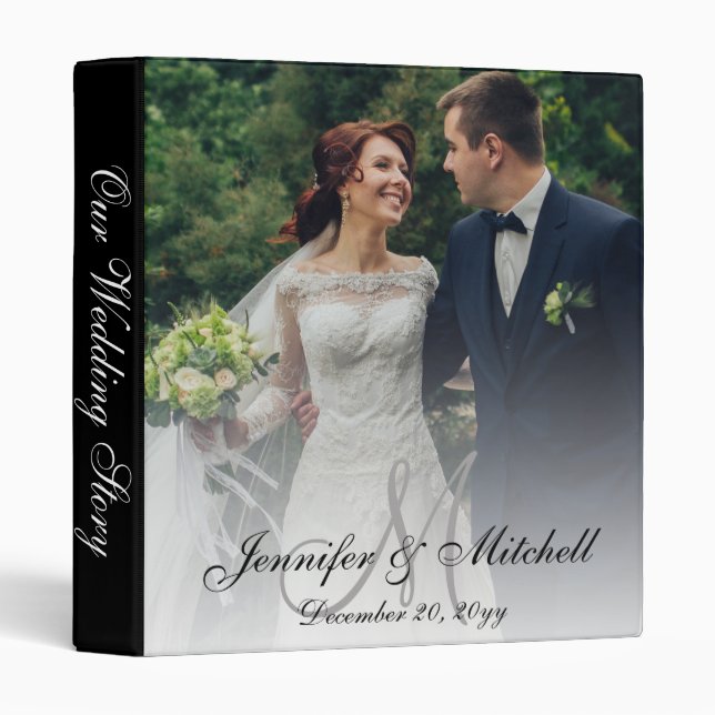 Elegant Monogram Black & White Wedding 3 Ring Binder (Front/Spine)