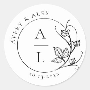 Elegant Monogram Black White Wedding Classic Round Sticker