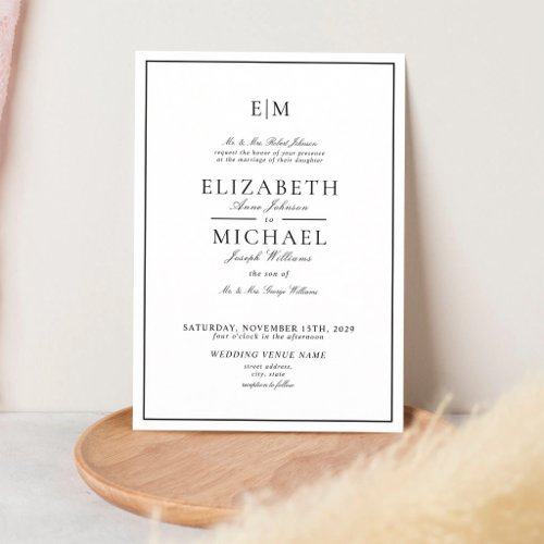 Elegant Monogram Black White Wedding Invitation