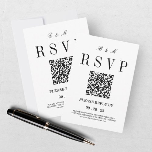 Elegant Monogram Black White Wedding QR Code RSVP Card