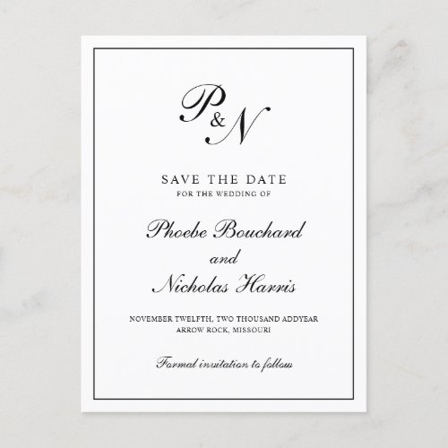 Elegant Monogram Black White Wedding Save the Date Announcement Postcard