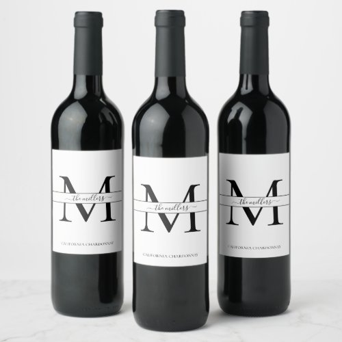 Elegant Monogram Black White Wedding Script Wine Label