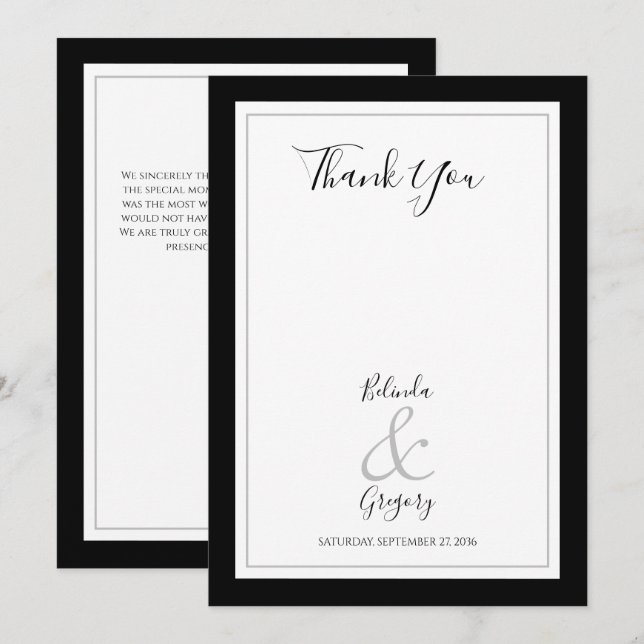 Elegant Monogram Black & White Wedding Thank You Card (Front/Back)