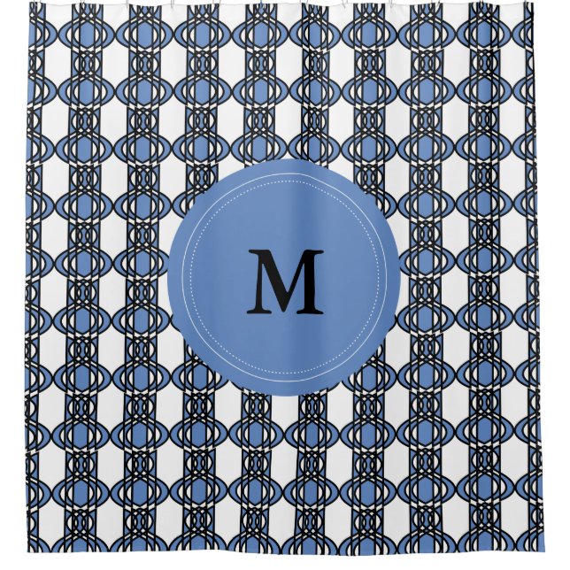 Elegant Monogram Blue Abstract Scarab Pattern Shower Curtain (Front)