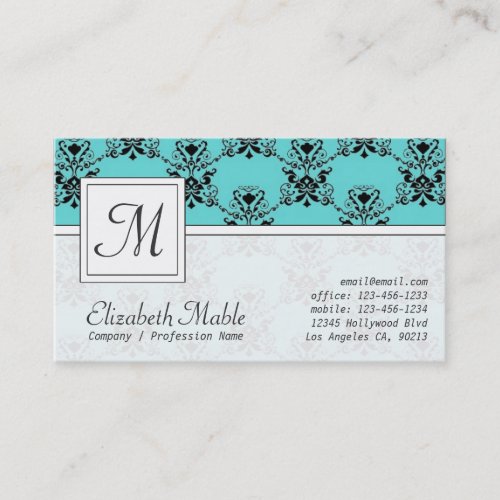 Elegant Monogram Blue and Black Damask Print Business Card Template