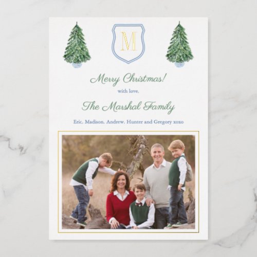 Elegant Monogram Blue And Green Merry Christmas Foil Holiday Card
