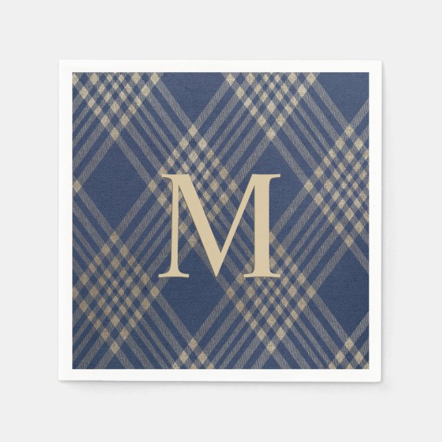 Elegant Monogram Blue and Tan Plaid Napkins (Front)