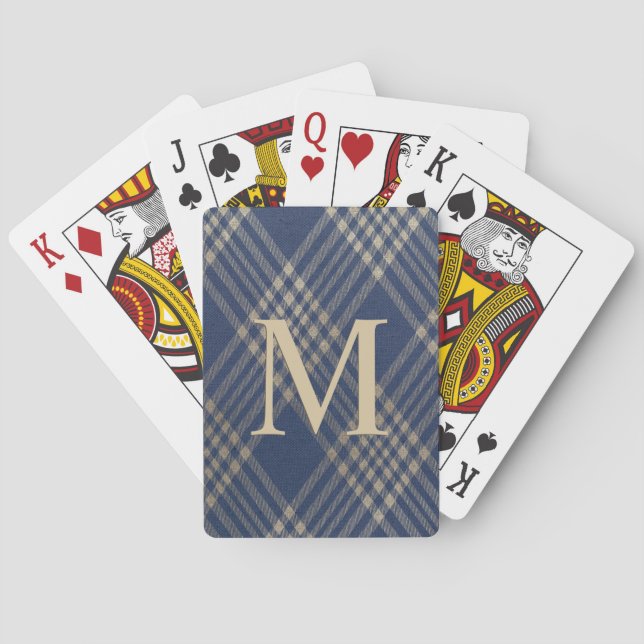 Elegant Monogram Blue and Tan Plaid Poker Cards (Back)