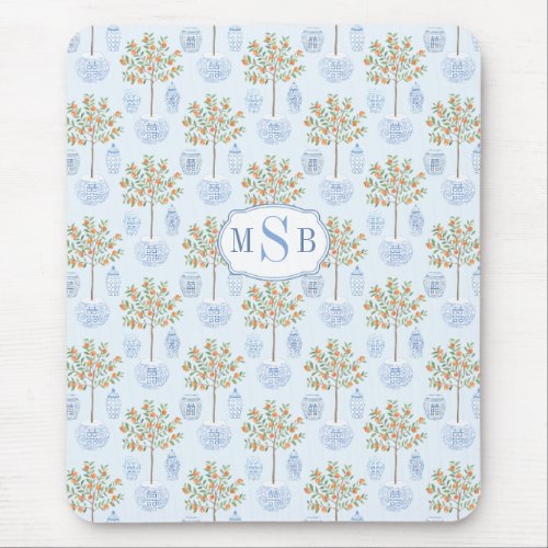 Elegant Monogram Blue And White China Orange Tree Mouse Pad