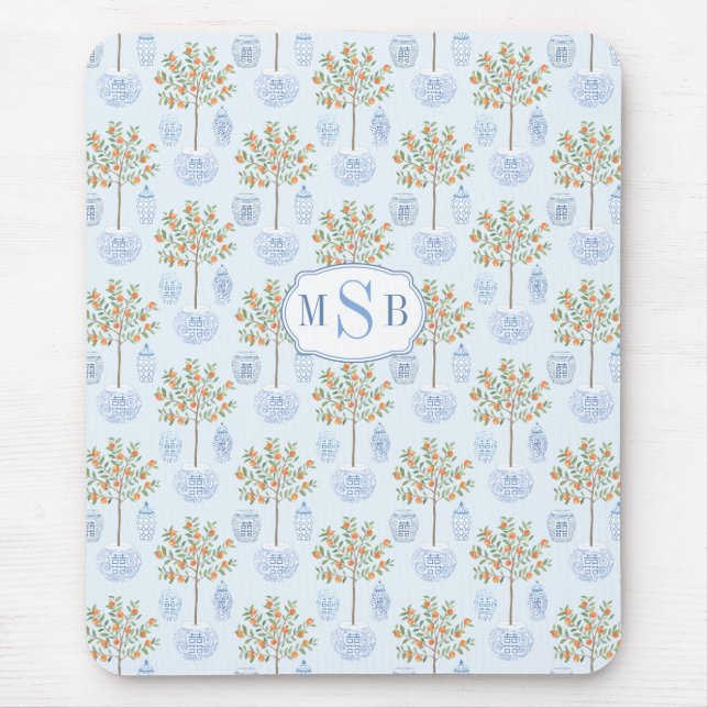 Elegant Monogram Blue And White China Orange Tree Mouse Pad (Front)