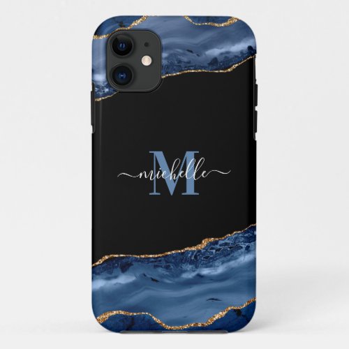 Elegant Monogram Blue Black  Gold Agate Geode iPhone 11 Case