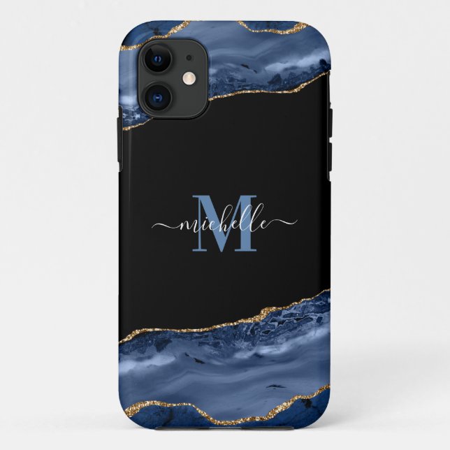 Elegant Monogram Blue, Black & Gold Agate Geode Case-Mate iPhone Case (Back)