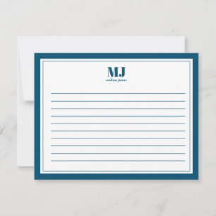 Elegant Monogram Blue Border Minimalist Note Card