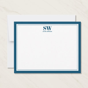 Elegant Monogram Blue Border Minimalist Note Card