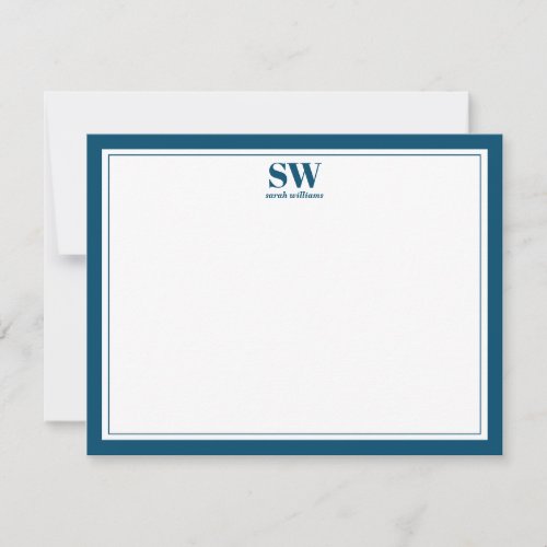 Elegant Monogram Blue Border Minimalist Note Card