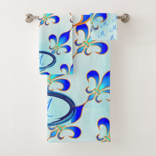 Elegant Monogram Blue Fleur_de_lis Aqua_Teal Bath Towel Set