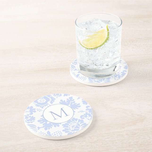 Elegant Monogram Blue Floral Botanical Coaster (Side)