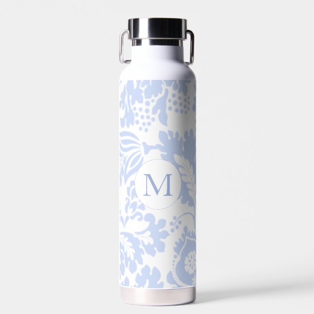 Elegant Monogram Blue Floral Botanical Water Bottle (Front)