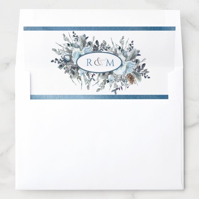 Elegant Monogram Blue Foliage and Flowers Wedding Envelope Liner (In Envelope)