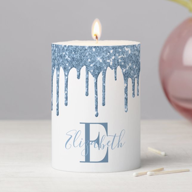 Elegant Monogram Blue Glitter Drip White Pillar Candle (In Situ)