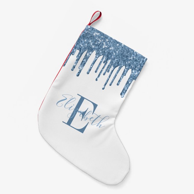 Elegant Monogram Blue Glitter Drips Small Christmas Stocking (Front (Hanging))