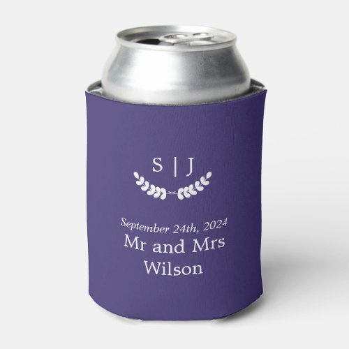 Elegant Monogram Blue Jewel Tone Wedding  Can Cooler