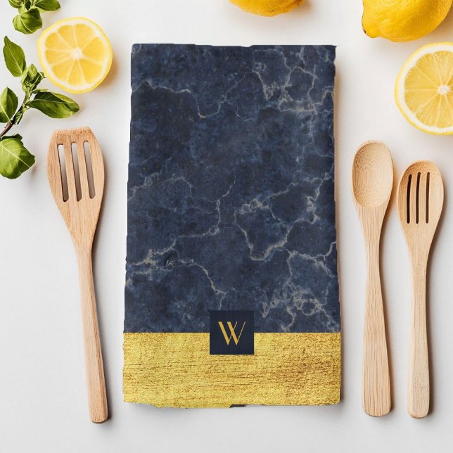 Elegant Monogram Blue Marble Kitchen Towel (Elegant Monogram Blue Marble Kitchen Towel)