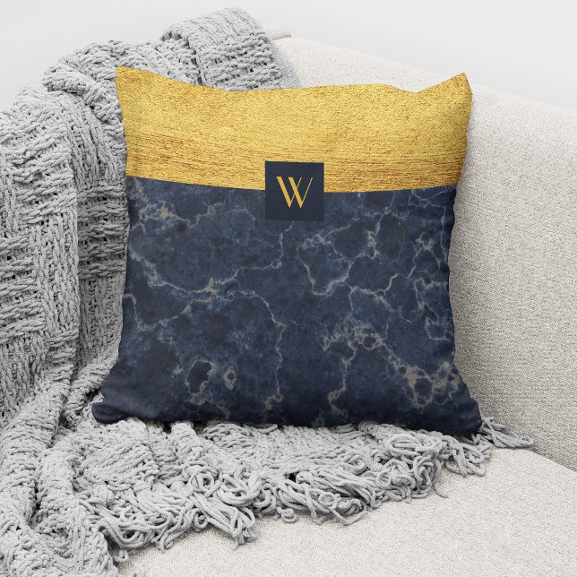 Elegant Monogram Blue Marble Throw Pillow (Creator Uploaded)
