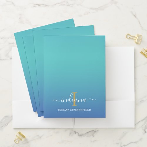 Elegant Monogram Blue Ombre Script Pocket Folder