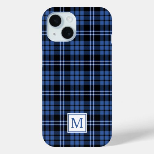 Elegant Monogram Blue Plaid iPhone 15 Case