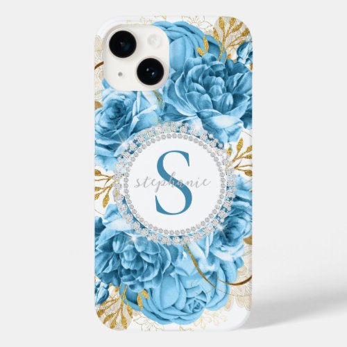 Elegant Monogram Blue Roses Diamonds Sparkle Glam Case_Mate iPhone 14 Case